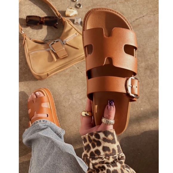 Shoes - Tan Slip On Chunky Platform Sandals